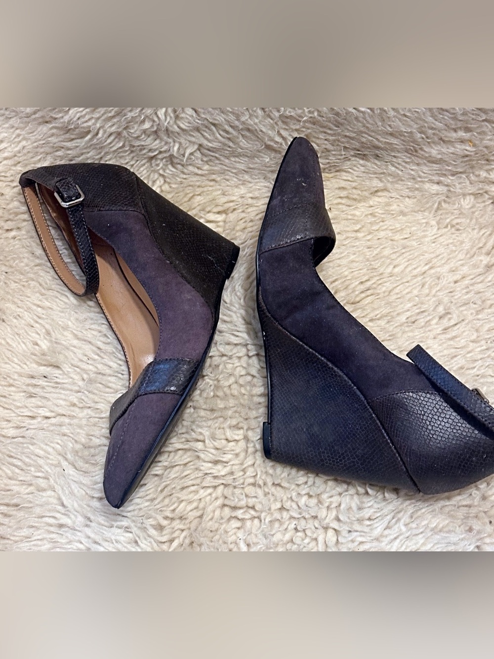 Nine West Black Suede and Textured Wedge Heels with Ankle Strap